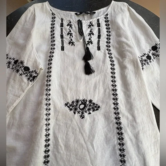Boho White Linen Peasant Top with Black Intricate Embroidery - Picture 10 of 16